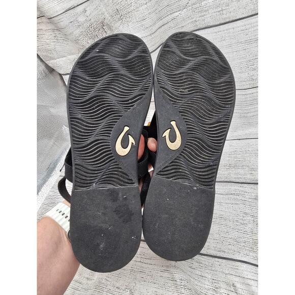 OluKai Black With Tortoise Shell Buckle La'i T-Bar Summer Beach Sandals Size 9 - Picture 7 of 8